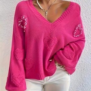 Women’s V-Neck Heart Detail Sweater - Hot Pink